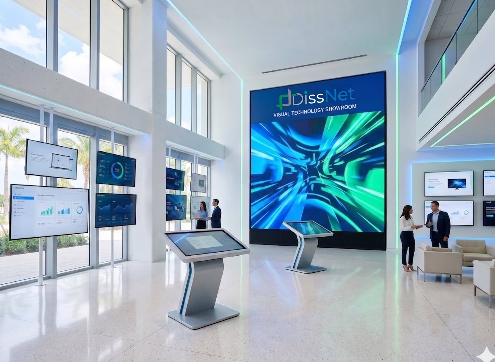 Showroom de tecnología visual DissNet con video wall y kioscos interactivos